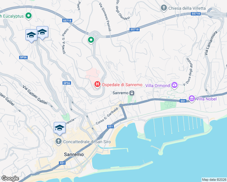 map of restaurants, bars, coffee shops, grocery stores, and more near 31 Via Moduponte in Sanremo