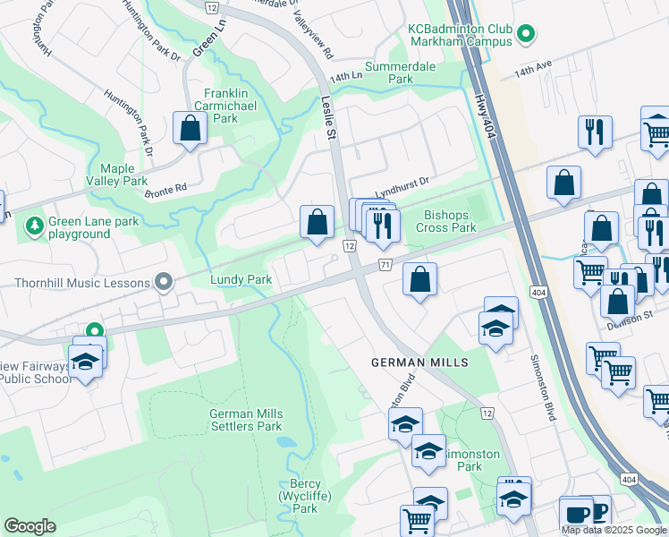 map of restaurants, bars, coffee shops, grocery stores, and more near 2100 John Street in Markham