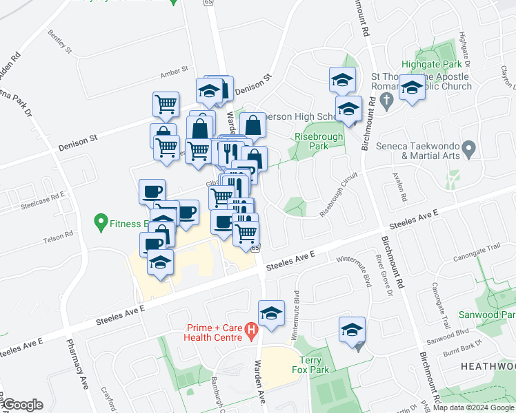 map of restaurants, bars, coffee shops, grocery stores, and more near 8 Fullerton Crescent in Markham