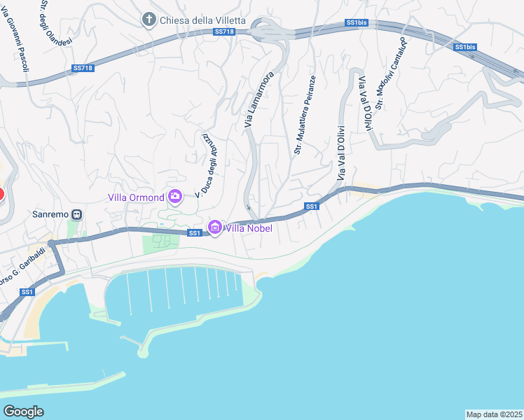 map of restaurants, bars, coffee shops, grocery stores, and more near 14 Via Lamarmora in Sanremo