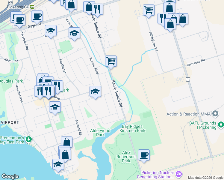 map of restaurants, bars, coffee shops, grocery stores, and more near 733 Lublin Avenue in Pickering