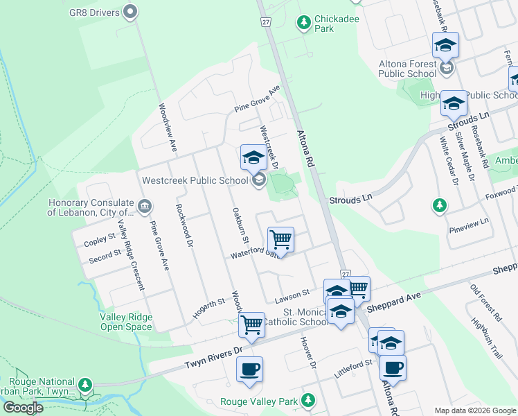 map of restaurants, bars, coffee shops, grocery stores, and more near 260 Senator Street in Pickering