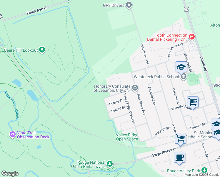 map of restaurants, bars, coffee shops, grocery stores, and more near 113 Sandcherry Court in Pickering