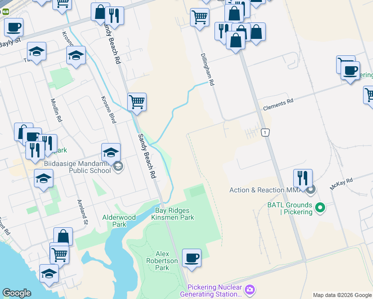 map of restaurants, bars, coffee shops, grocery stores, and more near 1575 Clements Road in Pickering