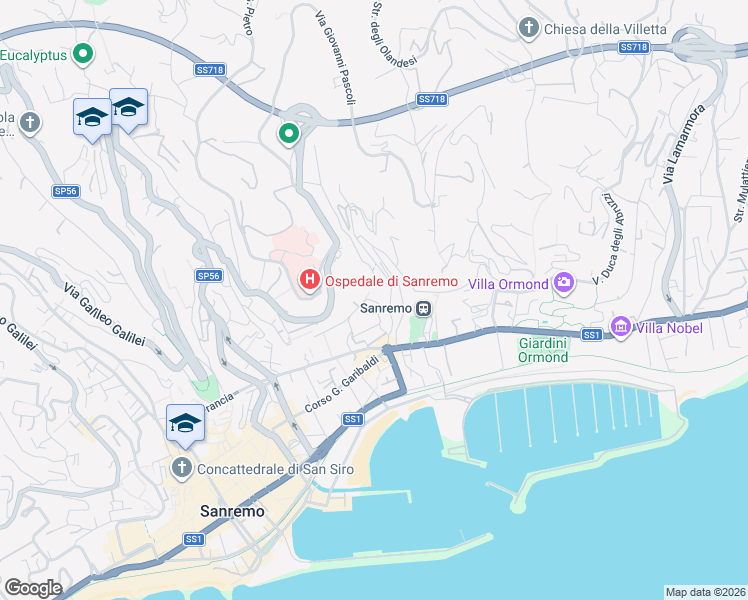 map of restaurants, bars, coffee shops, grocery stores, and more near 35 Via Val del Ponte in Sanremo
