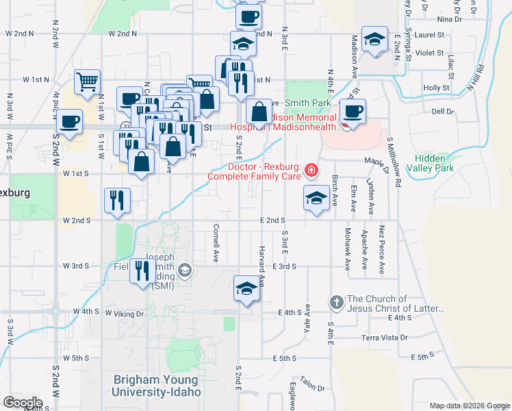 map of restaurants, bars, coffee shops, grocery stores, and more near 156 Harvard Avenue in Rexburg