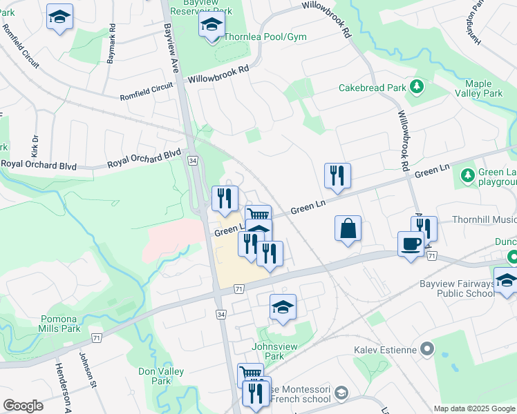 map of restaurants, bars, coffee shops, grocery stores, and more near in Markham