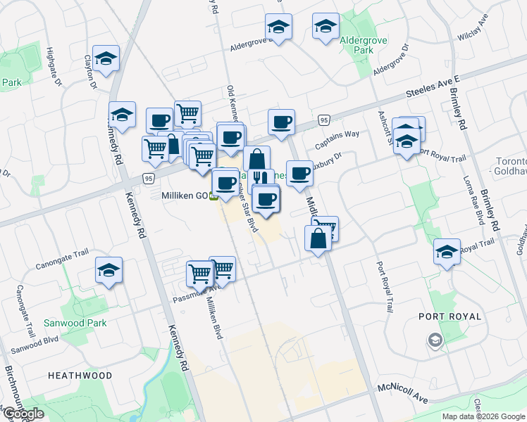 map of restaurants, bars, coffee shops, grocery stores, and more near 633 Silver Star Boulevard in Toronto