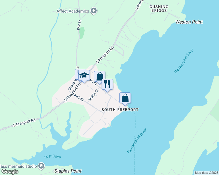 map of restaurants, bars, coffee shops, grocery stores, and more near 5 Riverview Road in Freeport