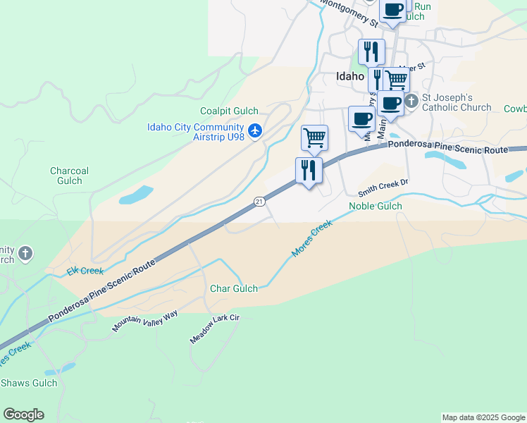 map of restaurants, bars, coffee shops, grocery stores, and more near 3845 Idaho 21 in Idaho City
