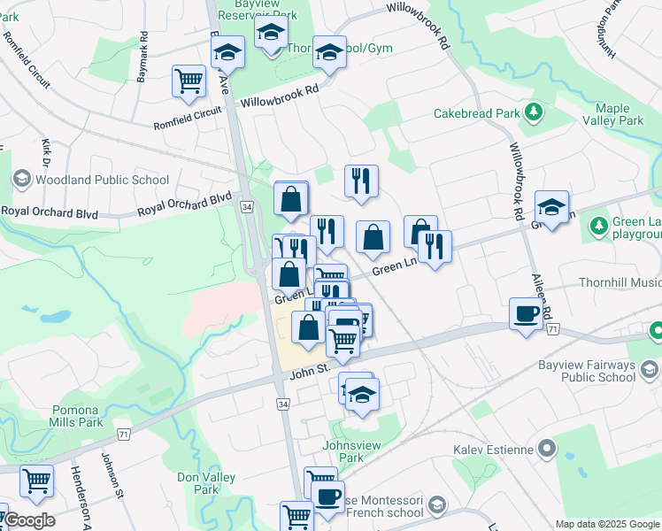 map of restaurants, bars, coffee shops, grocery stores, and more near 7825 Bayview Avenue in Markham