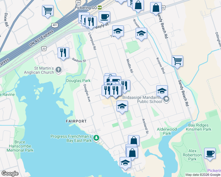 map of restaurants, bars, coffee shops, grocery stores, and more near 841 Liverpool Road in Pickering
