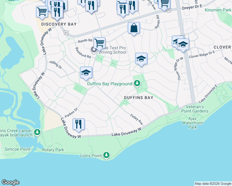 map of restaurants, bars, coffee shops, grocery stores, and more near 14 Burden Crescent in Ajax