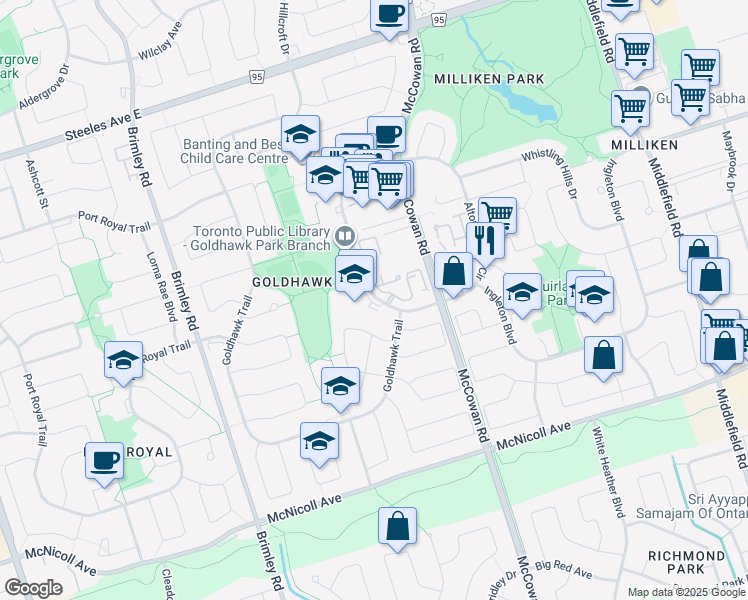 map of restaurants, bars, coffee shops, grocery stores, and more near 2 Goldhawk Trail in Toronto