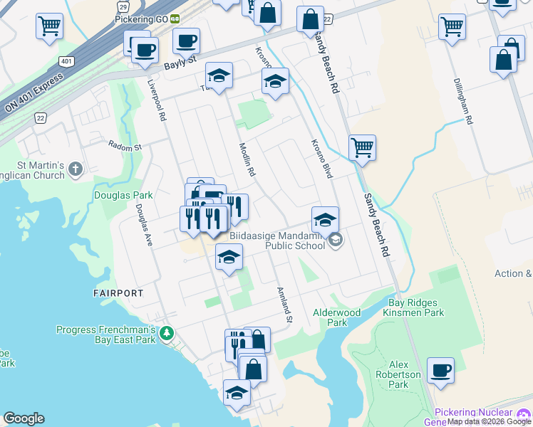 map of restaurants, bars, coffee shops, grocery stores, and more near 809 Helen Crescent in Pickering
