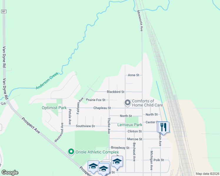 map of restaurants, bars, coffee shops, grocery stores, and more near 224 Blackbird Street in North Fond du Lac