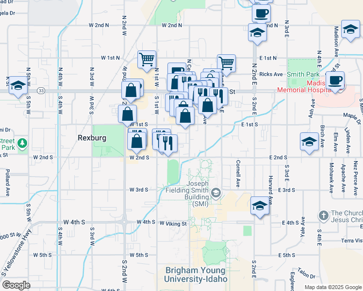 map of restaurants, bars, coffee shops, grocery stores, and more near 164 South Center Street in Rexburg