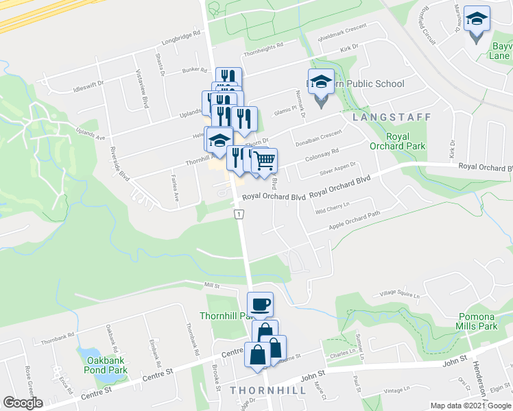 map of restaurants, bars, coffee shops, grocery stores, and more near 1 Royal Orchard Boulevard in Markham