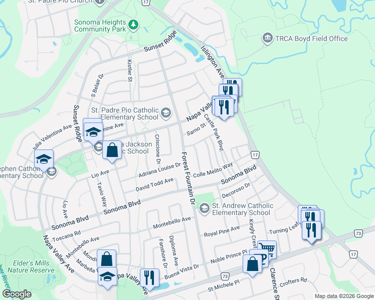 map of restaurants, bars, coffee shops, grocery stores, and more near 5 Laura Sabrina Drive in Vaughan
