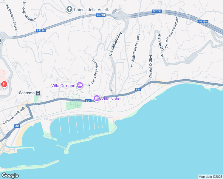 map of restaurants, bars, coffee shops, grocery stores, and more near 14-16 Via Alfonso Lamarmora in Sanremo