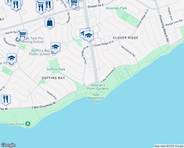 map of restaurants, bars, coffee shops, grocery stores, and more near 25 Cumberland Lane in Ajax