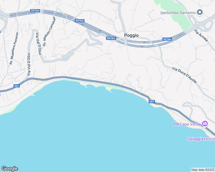 map of restaurants, bars, coffee shops, grocery stores, and more near 36 Strada Tre Ponti in Sanremo