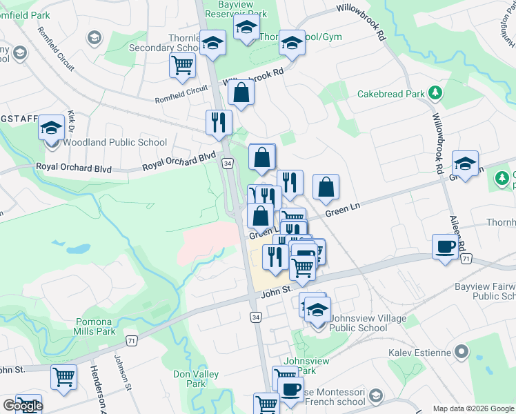 map of restaurants, bars, coffee shops, grocery stores, and more near 7805 Bayview Avenue in Markham