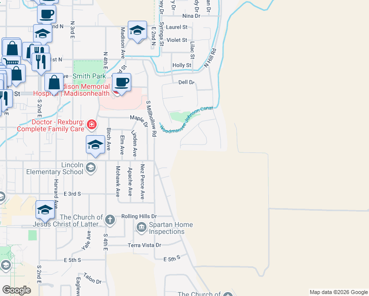 map of restaurants, bars, coffee shops, grocery stores, and more near 600-798 Centennial Loop in Rexburg