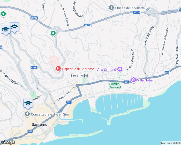 map of restaurants, bars, coffee shops, grocery stores, and more near 148 Via Wolfgang Goethe in Sanremo