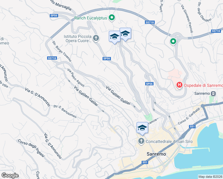 map of restaurants, bars, coffee shops, grocery stores, and more near 661 Via Galileo Galilei in Sanremo