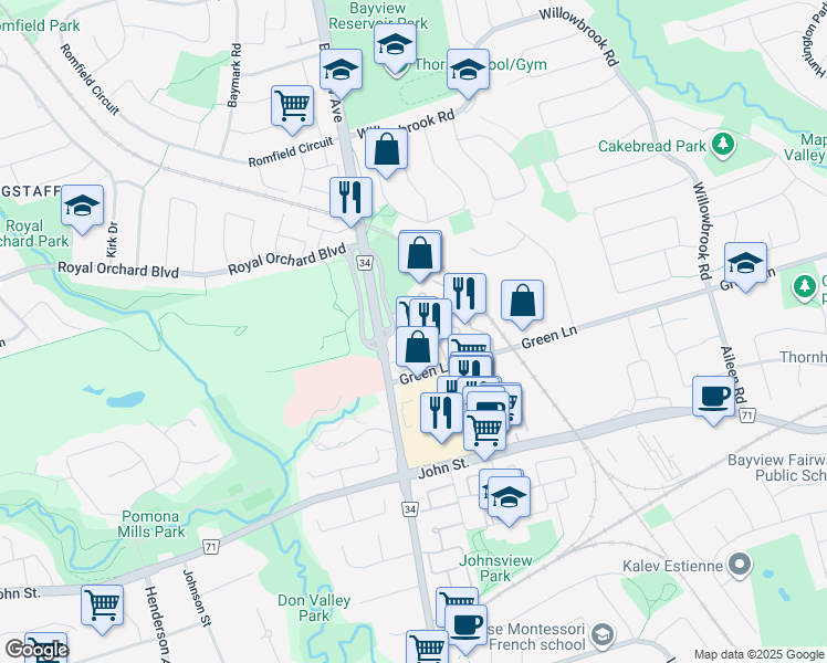 map of restaurants, bars, coffee shops, grocery stores, and more near 7805 Bayview Avenue in Markham