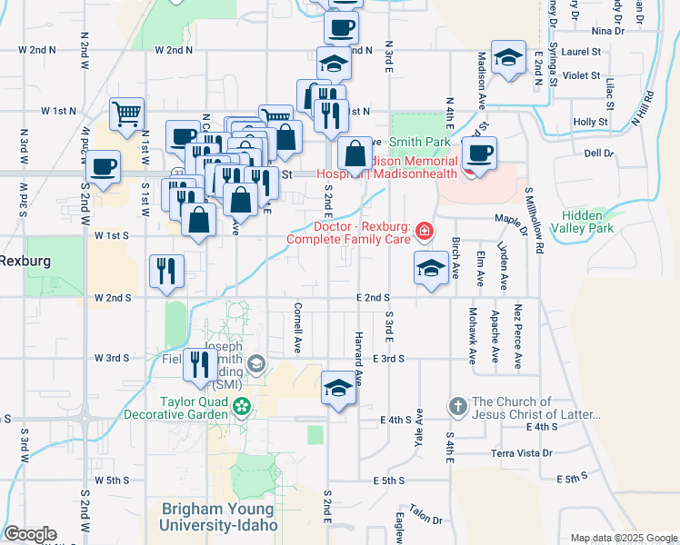 map of restaurants, bars, coffee shops, grocery stores, and more near 156 Harvard Avenue in Rexburg