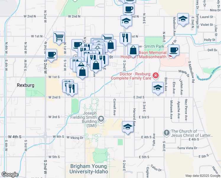 map of restaurants, bars, coffee shops, grocery stores, and more near 151 South 1st East in Rexburg