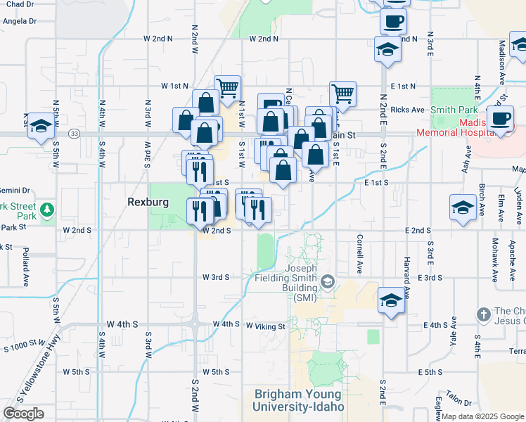 map of restaurants, bars, coffee shops, grocery stores, and more near 153 South 1st West in Rexburg