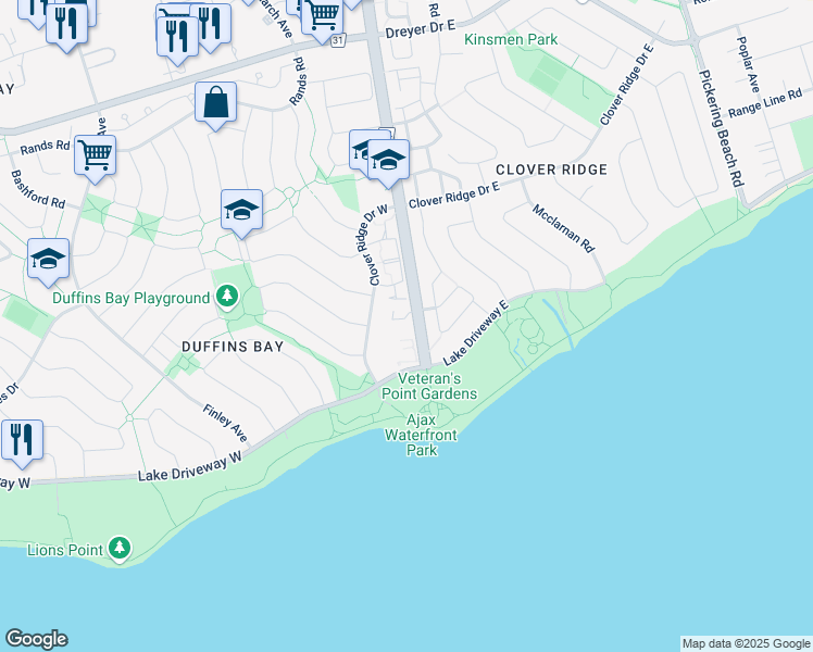 map of restaurants, bars, coffee shops, grocery stores, and more near 74 Andrea Road in Ajax