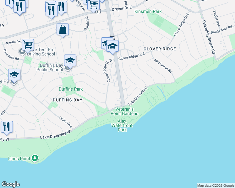map of restaurants, bars, coffee shops, grocery stores, and more near 46 Cumberland Lane in Ajax