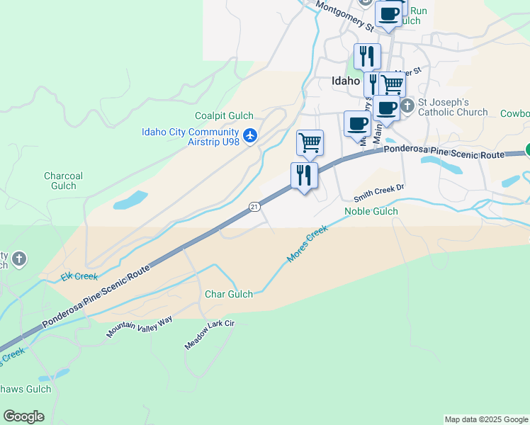 map of restaurants, bars, coffee shops, grocery stores, and more near 3845 Idaho 21 in Idaho City