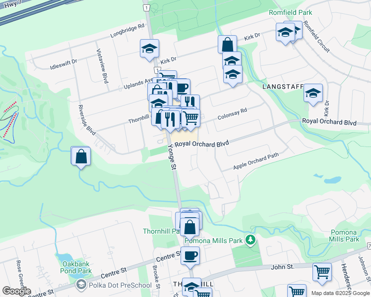 map of restaurants, bars, coffee shops, grocery stores, and more near 1 Royal Orchard Boulevard in Markham