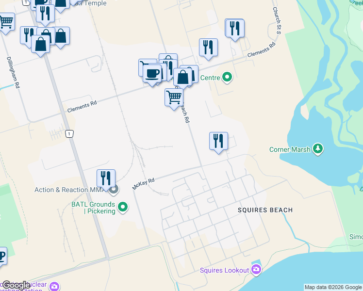 map of restaurants, bars, coffee shops, grocery stores, and more near 1080 Squires Beach Road in Pickering