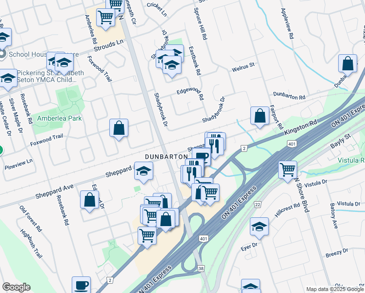 map of restaurants, bars, coffee shops, grocery stores, and more near in Pickering