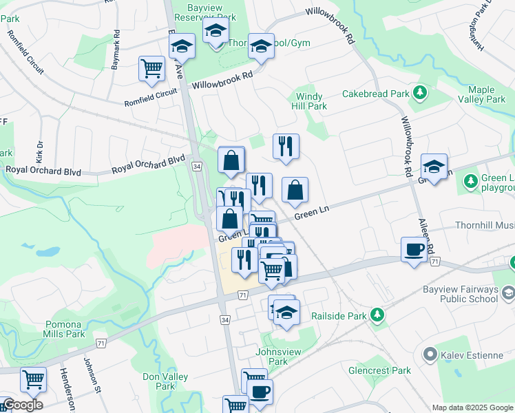 map of restaurants, bars, coffee shops, grocery stores, and more near in Markham