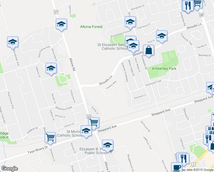 map of restaurants, bars, coffee shops, grocery stores, and more near 1941 Treetop Way in Pickering