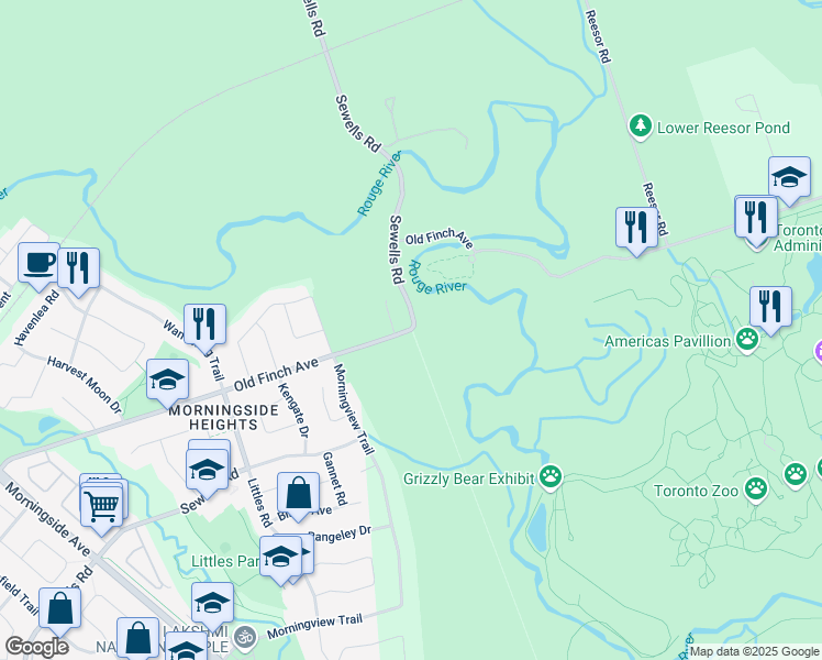 map of restaurants, bars, coffee shops, grocery stores, and more near Old Finch Avenue in Toronto