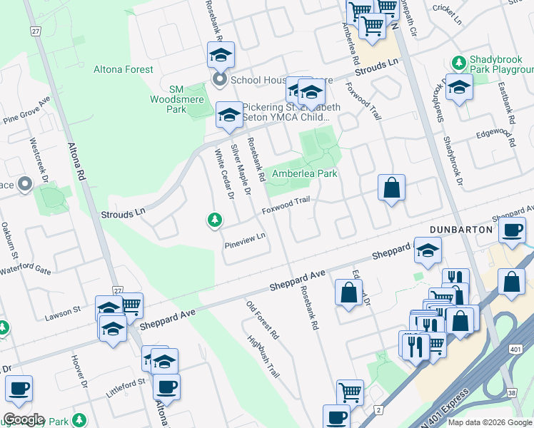 map of restaurants, bars, coffee shops, grocery stores, and more near 437 Foxwood Trail in Pickering