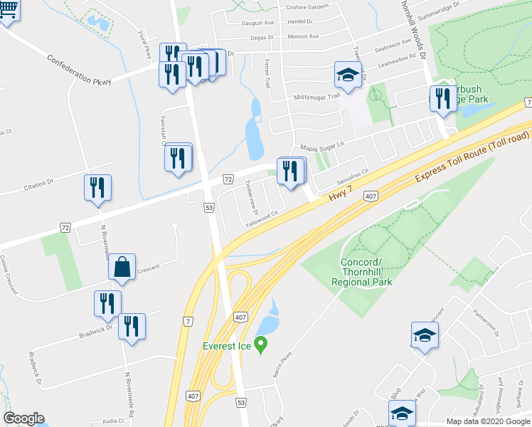 map of restaurants, bars, coffee shops, grocery stores, and more near 101 Yellowood Circle in Vaughan