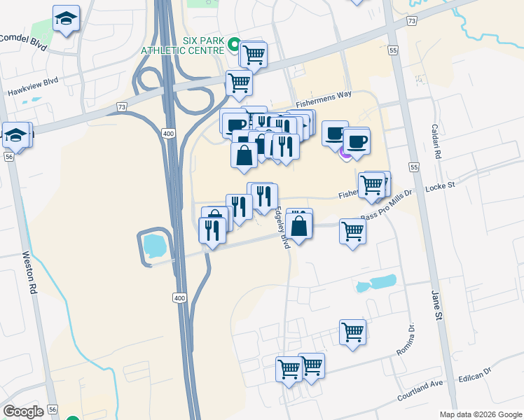 map of restaurants, bars, coffee shops, grocery stores, and more near 255 Bass Pro Mills Drive in Vaughan