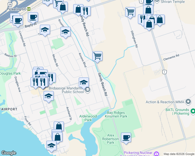 map of restaurants, bars, coffee shops, grocery stores, and more near 739 Lublin Avenue in Pickering