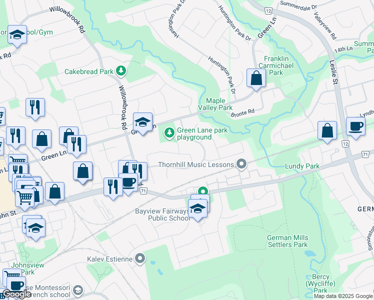 map of restaurants, bars, coffee shops, grocery stores, and more near 18 Lilac Avenue in Markham