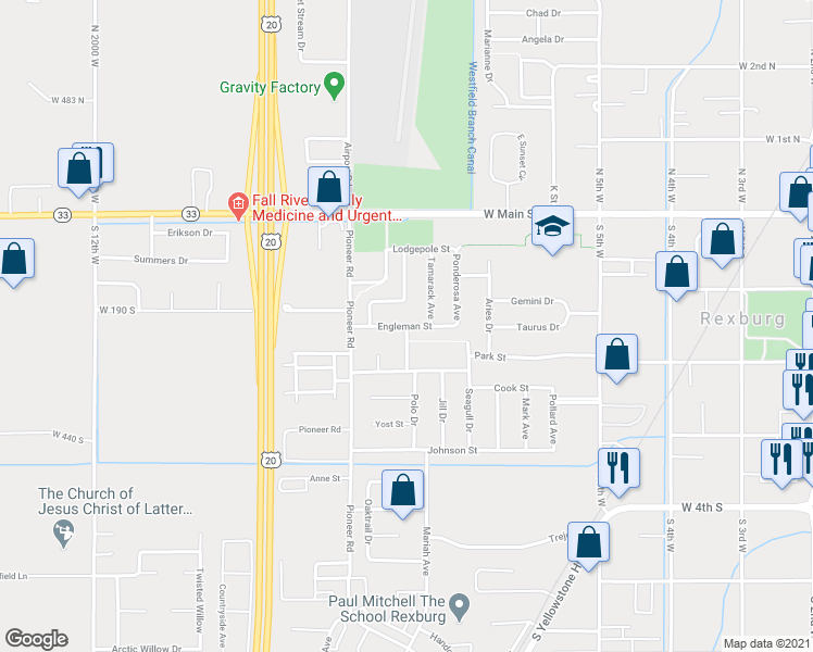 map of restaurants, bars, coffee shops, grocery stores, and more near Engleman Street in Rexburg