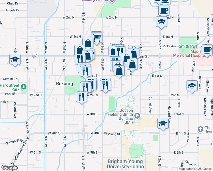 map of restaurants, bars, coffee shops, grocery stores, and more near 153 South 1st West in Rexburg